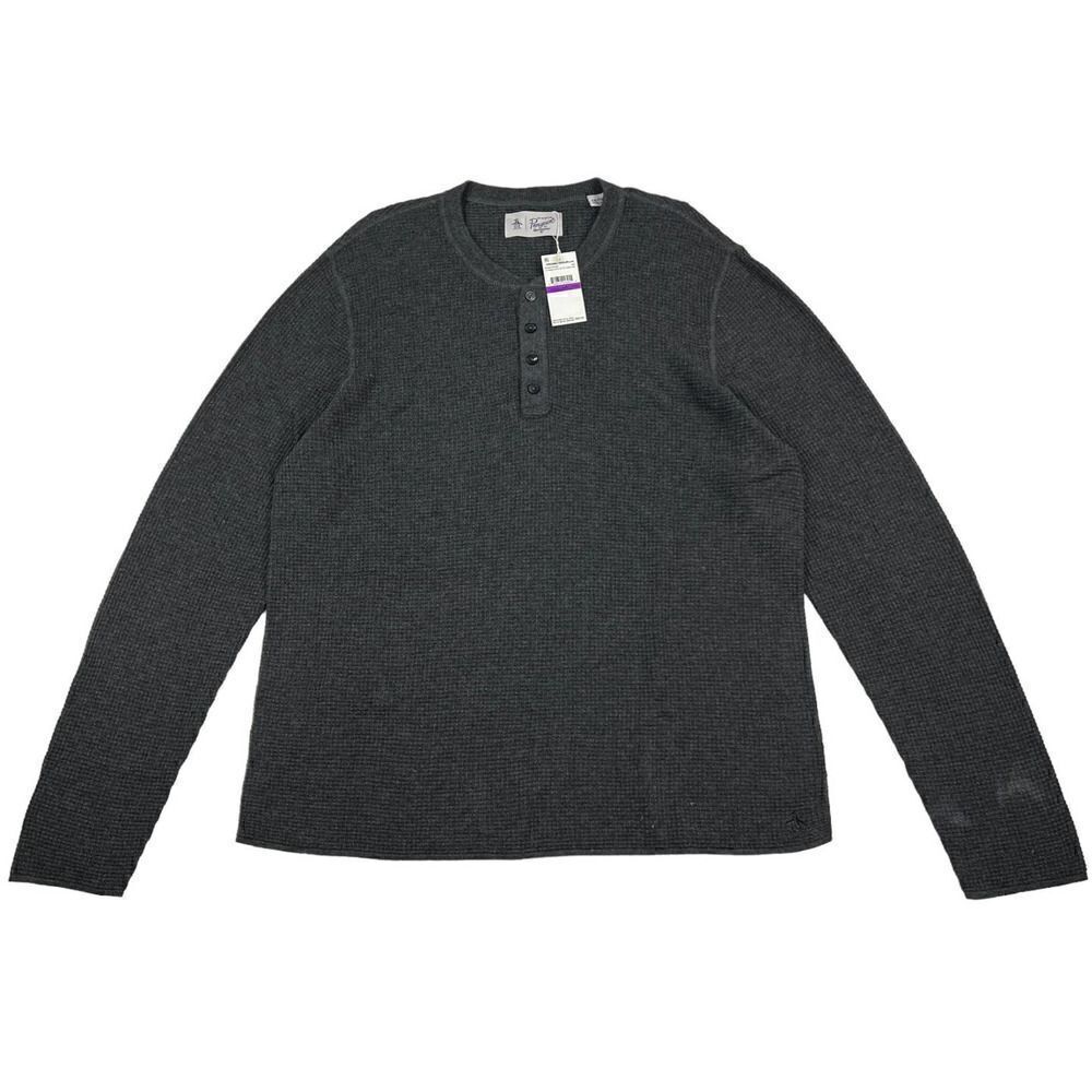 New Original Penguin Men Grey Henley Sweatshirt Merino Wool Pullover US XXL